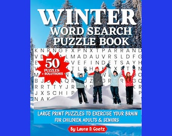 May include: A book cover with a red star and the words "Winter Word Search Puzzle Book" in white text. The cover features a snowy landscape with four people standing in the snow with their arms raised. The book contains 50 puzzles and solutions.