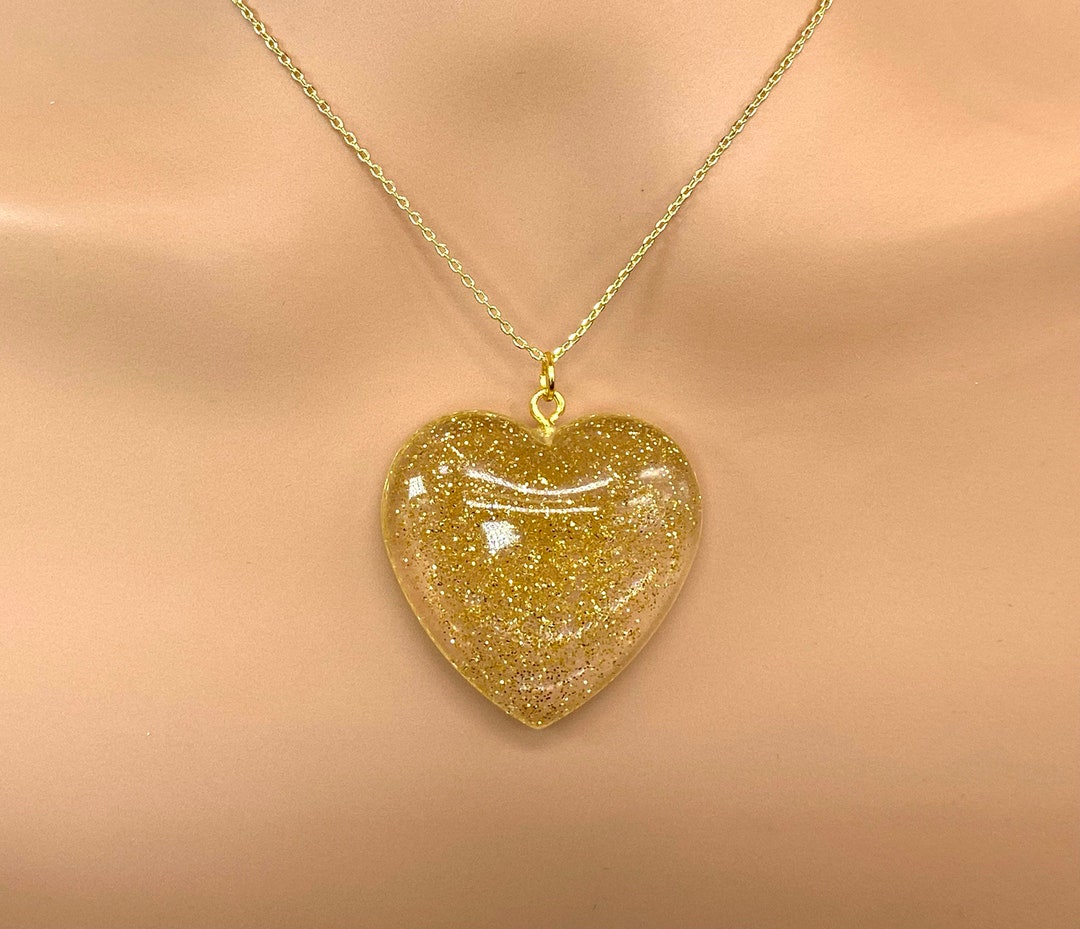 Handmade Clear Gold Sparkle Heart, Gold Necklace, Various Lengths