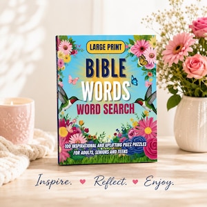 Puede incluir: Un libro de sopas de letras Bible Words en letra grande con una cubierta azul claro que presenta flores coloridas, dos colibríes, mariposas y el texto: LARGE PRINT BIBLE WORDS WORD SEARCH 100 INSPIRATIONAL AND UPLIFTING PUZZ PUZZLES FOR ADULTS, SENIORS AND TEENS.