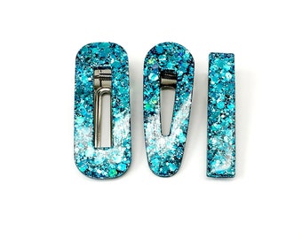 Turquoise Glitter Resin Hair Clips: Handmade Alligator Clip, Gift Box
