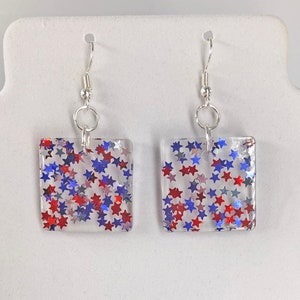 Patriotic Red White Blue Star Sparkly Resin Earrings Jewelry July 4th