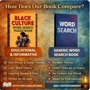 K&ouml;nnte beinhalten: Bildvergleich von zwei Wortsuchb&uuml;chern. Eines tr&auml;gt den Titel "Black Culture Word Search Puzzle Book" mit einer Gruppe von Menschen auf dem Cover. Das andere ist ein blaues Buch mit dem Titel "Word Search". Das "Black Culture"-Buch wird als lehrreich und informativ beschrieben.