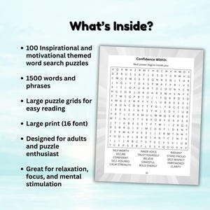 Może przedstawiać: Biała książka z wyszukiwaniem sł&oacute;w z tekstem "What's Inside?" i punktami wypunktowania, kt&oacute;re wymieniają funkcje, takie jak 100 łamigł&oacute;wek, 1500 sł&oacute;w, duży druk i przeznaczone dla dorosłych. Książka zawiera przykładową łamigł&oacute;wkę zatytułowaną "Confidence Within."