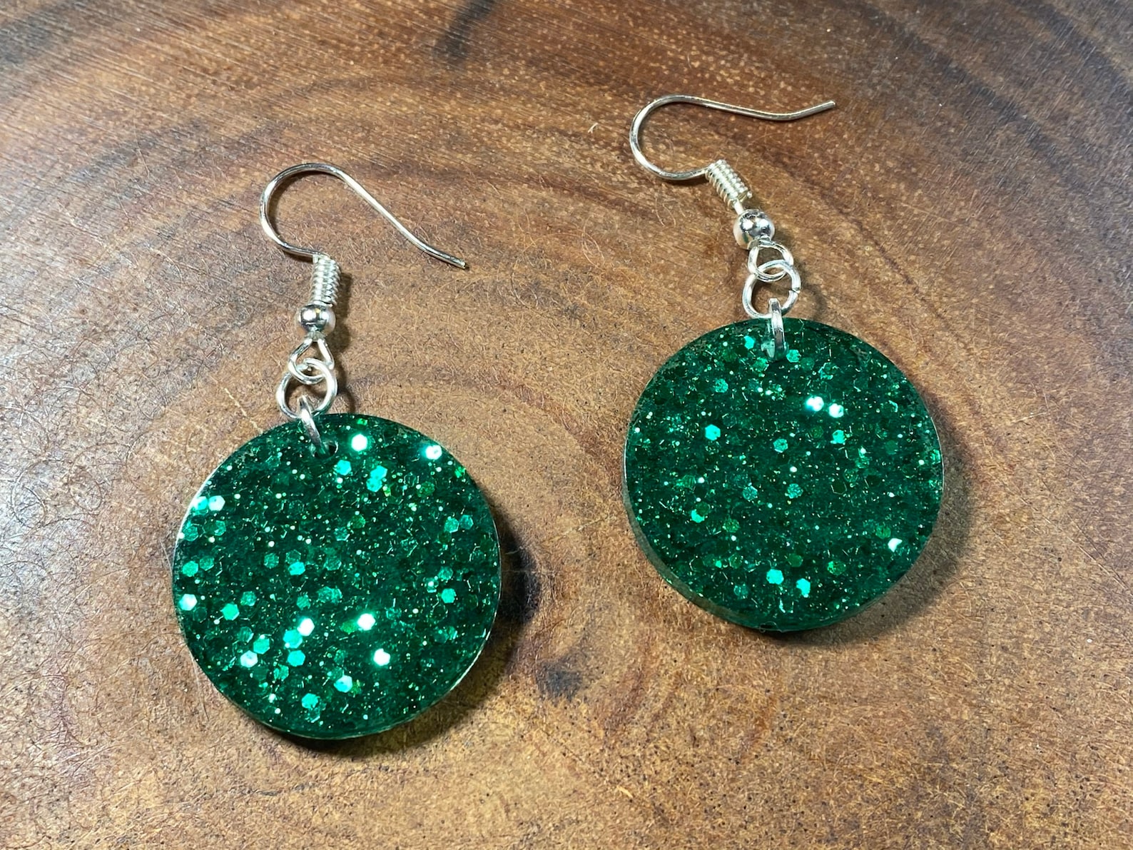 Green Sparkle Earrings Glitter Circle Dangle Drop Earrings Etsy