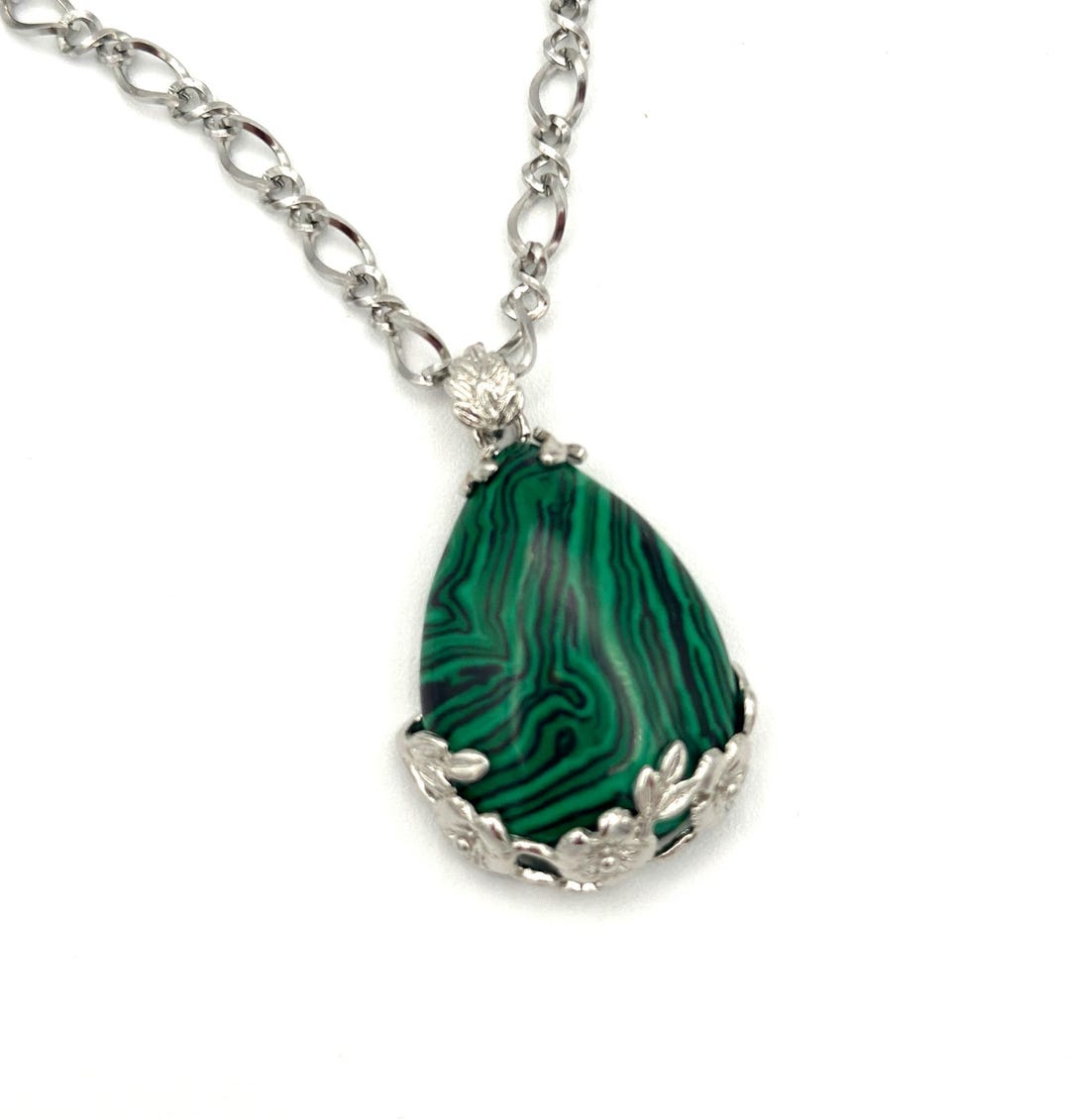 •MALACHITE TEARDROP• linked silver bracelet (6.75