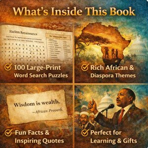 K&ouml;nnte beinhalten: Ein Buchcover mit dem Titel "What's Inside This Book" zeigt vier Tafeln. Die Tafeln heben 100 gro&szlig;formatige Wortsuchr&auml;tsel, reiche afrikanische und Diaspora-Themen, interessante Fakten und inspirierende Zitate sowie Lernen und Geschenke hervor.