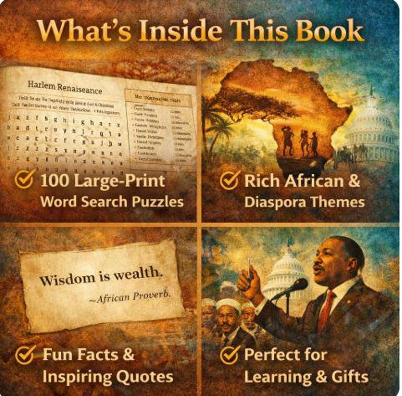 K&ouml;nnte beinhalten: Ein Buchcover mit dem Titel "What's Inside This Book" zeigt vier Tafeln. Die Tafeln heben 100 gro&szlig;formatige Wortsuchr&auml;tsel, reiche afrikanische und Diaspora-Themen, interessante Fakten und inspirierende Zitate sowie Lernen und Geschenke hervor.