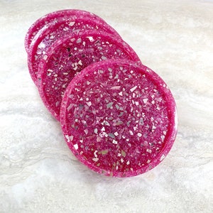 Magenta Pink Sparkle Resin Coasters: Glitter Home Decor, Set of Four