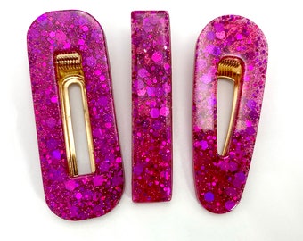 Handmade Magenta Glitter Resin Hair Clip: Sparkle Alligator Barrette