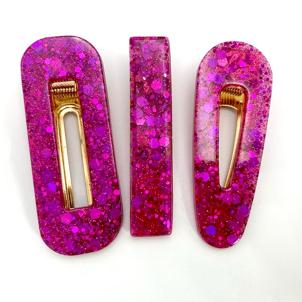 Handmade Magenta Pink Sparkle Glitter Resin Hair Clips, Hair Accessories, Hair Jewelry, Holiday Hair Clips, Gift Box Included.