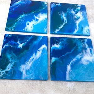 Blue Teal Turquoise Resin Abstract Art Ocean Ceramic Square Coasters, Perfect Birthday Gift, Trending Home Décor.  Very Unique, Handmade
