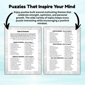 Może przedstawiać: Okładka książki z tytułem "Puzzles That Inspire Your Mind" i spisem treści. Książka podzielona jest na sekcje takie jak Believe in Yourself, Strength & Resilience i Positive Mindset. Tematy mają na celu zachęcanie do pozytywnego nastawienia.