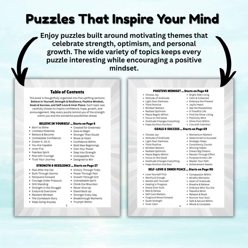 Może przedstawiać: Okładka książki z tytułem "Puzzles That Inspire Your Mind" i spisem treści. Książka podzielona jest na sekcje takie jak Believe in Yourself, Strength & Resilience i Positive Mindset. Tematy mają na celu zachęcanie do pozytywnego nastawienia.