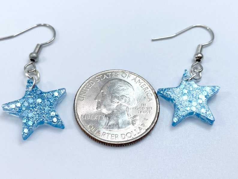 Gender Reveal Gift Light Baby Sky Blue Sparkle and Glitter Dangle Earring Star Shape Trendy Glamor Fashion Statement