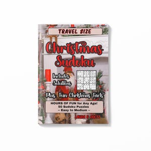 May include: A red and white book with the title "Christmas Sudoku" and a festive fireplace scene on the cover. The book includes 50 Sudoku puzzles with solutions and fun Christmas facts. It is travel size and easy to medium difficulty.