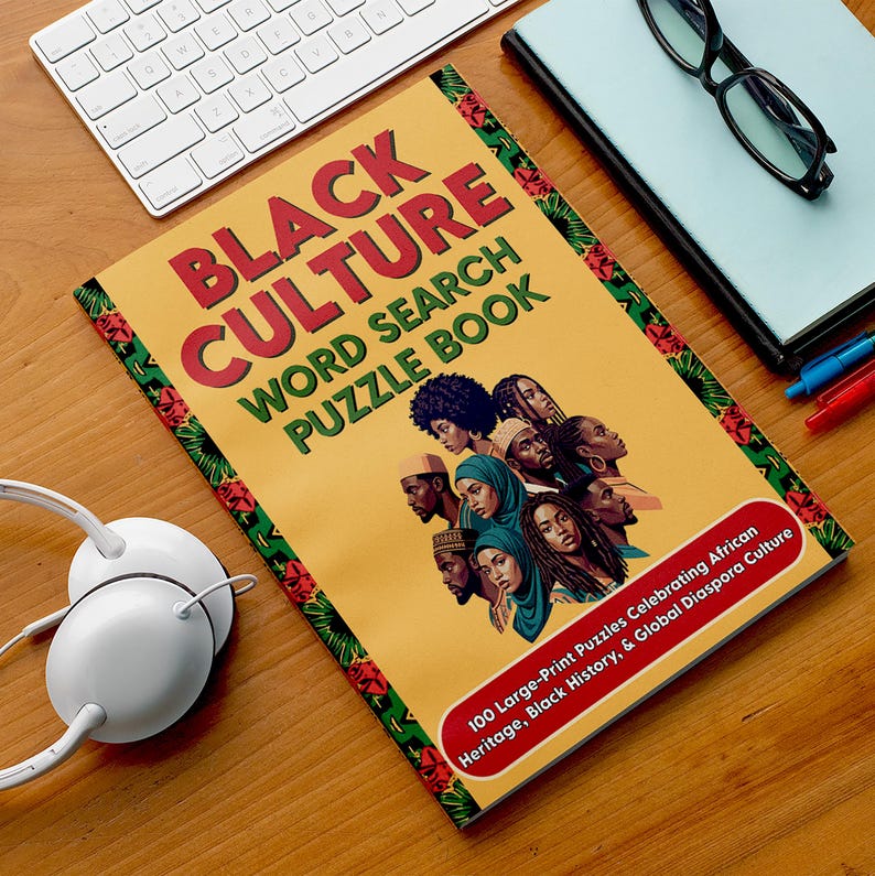 K&ouml;nnte beinhalten: Ein "Black Culture Word Search Puzzle Book" mit gelbem Einband. Der Titel ist in gro&szlig;en roten Buchstaben gehalten. Das Cover zeigt Illustrationen verschiedener Menschen. Das Buch enth&auml;lt den Text "100 Large-Print Puzzles Celebrating African Heritage, Black History, & Global Diaspora Culture."