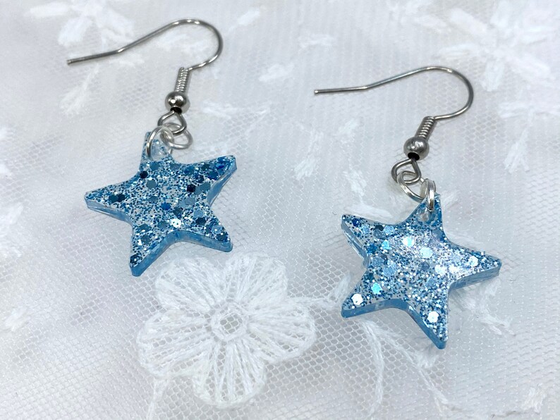 Gender Reveal Gift Light Baby Sky Blue Sparkle and Glitter Dangle Earring Star Shape Trendy Glamor Fashion Statement