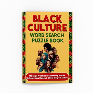 K&ouml;nnte beinhalten: Ein Taschenbuch mit dem Titel "Black Culture Word Search Puzzle Book" mit gelbem Einband. Das Cover zeigt Illustrationen verschiedener Menschen und Text in Rot und Gr&uuml;n. Das Buch ist mit einem floralen Design umrandet.