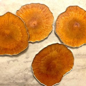 May include: Four round, orange-brown coasters with a silver metallic rim. The coasters have a glittery finish and are made of resin.