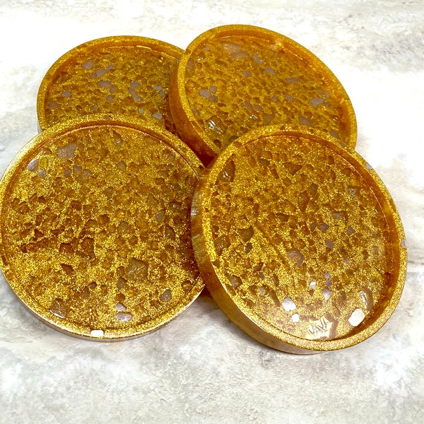 Handmade Butterscotch Yellow Resin Sparkle Glitter Coasters, Round Set of 4 Coasters.  Unique Color and Sparkle. Amber Accent Color