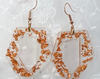 Copper Flake Resin Dangle Earrings: Rose Gold Sterling Silver Hooks