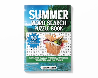May include: A book cover with a blue and green background featuring a picnic basket with fruit and a title that reads "Summer Word Search Puzzle Book". The book contains 50 puzzles and solutions.  Large print puzzles to exercise your brain for children, adults, and seniors. By Laura D. Goetz.