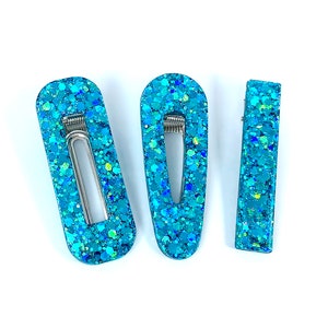Peacock Blue Multi Color Handmade Hair Clips with Holographic Blue, Green Turquoise Chunky Glitter Sparkle Hair Decor. Gift Box included.