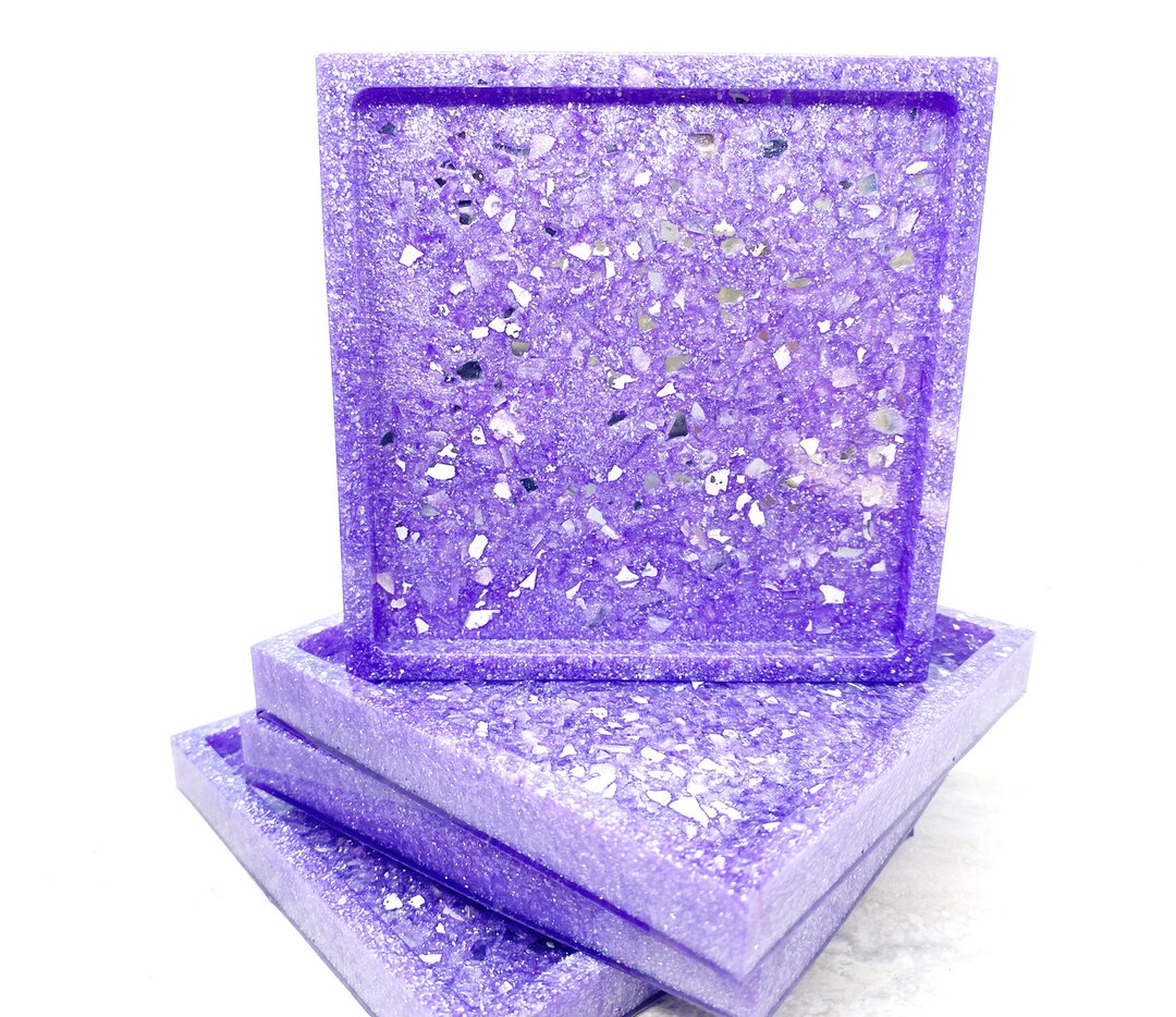 Sparkle Glitter Amethyst Resin Coaster Set: Handmade Square Coasters - Etsy