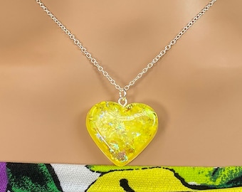 Handmade Yellow Resin Heart Necklace: Sparkly Holographic Film, Sterling Silver Plated Chain