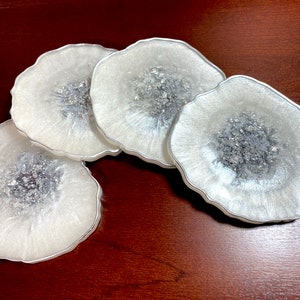 Handmade Pearl White Resin Geode Coaster Set with Silver Leaf and Silver Flakes.  Great Gift Idea.