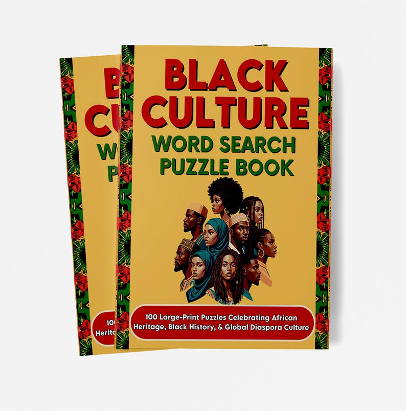 K&ouml;nnte beinhalten: Zwei Buchcover von "Black Culture Word Search Puzzle Book" werden gezeigt. Die Cover sind gelb mit roten und gr&uuml;nen Akzenten. Der Titel ist rot und das Buch zeigt Illustrationen verschiedener Menschen. Das Buch feiert afrikanisches Erbe, schwarze Geschichte und globale Diaspora-Kultur.