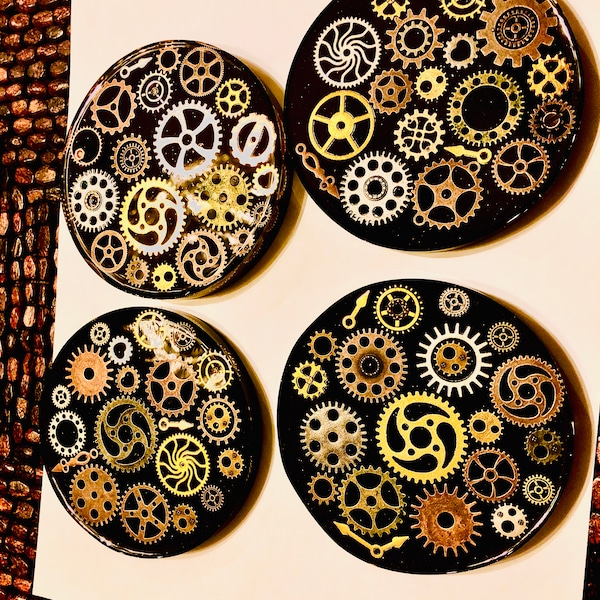 Hand Made Steam Punk Interpretive Round Coasters with Gear Parts.  Unique Gift.  Interesting Home Decor.