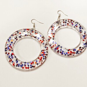July 4th Red White Blue Star Glitter Resin Earrings Hoop Large Circle Earrings Sparkle handmade by veteran