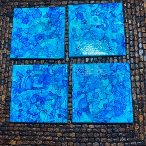 Blue Alcohol Ink Coasters: Set of 4 Square Ceramic Coasters with Resin Finish