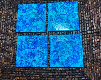 Blue Alcohol Ink Coasters: Set of 4 Square Ceramic Coasters with Resin Finish