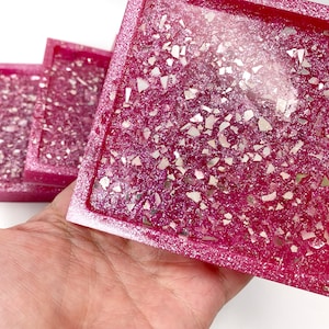 Sparkle Magenta Pink Resin Coasters: Crushed Glass Home Decor, Set of Four