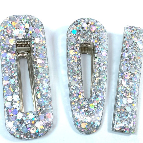 Hand Made Silver Holographic Glitter Hair Clips.  Sparkly Decorative Glitter Hair Accessory. Festival Hair Decorations. Gift Box Included.