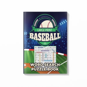 May include: A baseball-themed word search puzzle book with a green, white, and blue cover. The cover features a baseball graphic, the words "LARGE PRINT BASEBALL" and "WORD SEARCH PUZZLE BOOK".