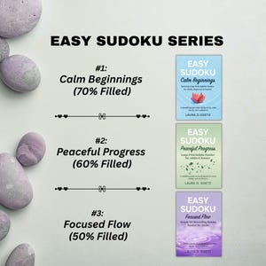 Op de afbeelding: Afbeelding van de "Easy Sudoku Series" met drie puzzelboeken: "Calm Beginnings", "Peaceful Progress" en "Focused Flow". Elk boek heeft een uniek omslagontwerp en een label met het percentage gevuld. De naam van de auteur is ook zichtbaar.