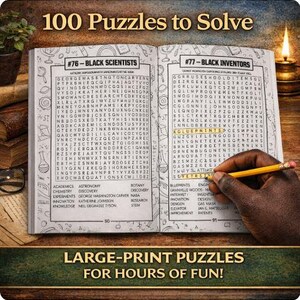 K&ouml;nnte beinhalten: Ein offenes Buch mit Suchr&auml;tseln, betitelt mit "100 Puzzles to Solve". Die Seiten zeigen R&auml;tsel &uuml;ber schwarze Wissenschaftler und Erfinder. Eine Hand mit einem Bleistift markiert ein Wort. Das untere Banner lautet "LARGE-PRINT PUZZLES FOR HOURS OF FUN!"