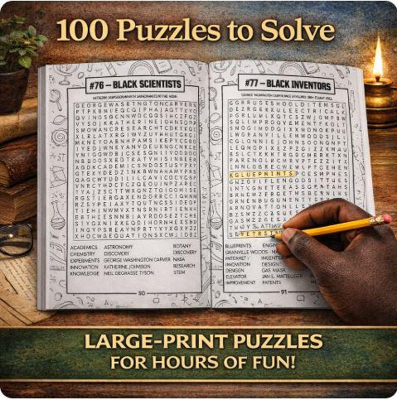 K&ouml;nnte beinhalten: Ein offenes Buch mit Suchr&auml;tseln, betitelt mit "100 Puzzles to Solve". Die Seiten zeigen R&auml;tsel &uuml;ber schwarze Wissenschaftler und Erfinder. Eine Hand mit einem Bleistift markiert ein Wort. Das untere Banner lautet "LARGE-PRINT PUZZLES FOR HOURS OF FUN!"