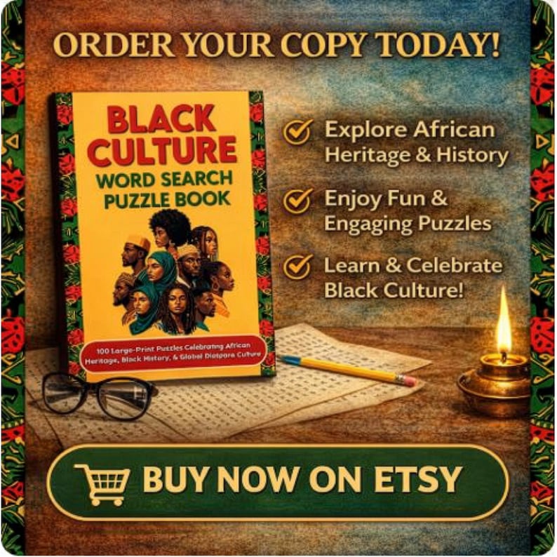 K&ouml;nnte beinhalten: Ein gelbes "Black Culture Word Search Puzzle Book" mit Portr&auml;ts verschiedener Menschen. Das Buch liegt auf einer gemusterten Oberfl&auml;che mit einem Bleistift, einer Brille und einer brennenden &Ouml;llampe. Der Text enth&auml;lt "Bestellen Sie noch heute!" und "Jetzt bei Etsy kaufen."