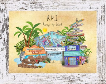 Lámina artística de la isla Anna Maria: acuarela costera, decoración de un pueblo playero