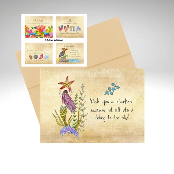Tropical Note Card Mix, Mermaid, Flip Flops, Pelican, Seahshells, Coral Reef, Package of 5, with Self Stick Envelopes