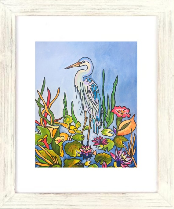 Hunting Lizards Art Print, Heron Artwork,  Blue Heron Art, Tropical Bird Painting, Wading Blue Heron, Coastal Decor