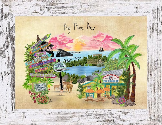 Big Pine Key Coastal Decor, Big Pine Key Framed/Unframed Art Print,Boho Style Art,Nautical Watercolor,Tropical Wall Art,Note Cards
