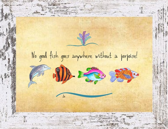 Fish and Porpoise Coastal Decor,Fish and Porpoise Framed Art Print,Boho Style Art,Nautical Watercolor,Tropical Wall Art,Note Cards