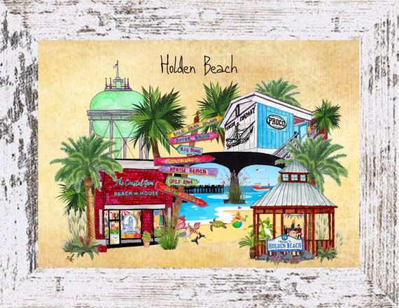 Holden Beach Coastal Decor,Holden Beach Art Print, Boho Style Art, Watercolor,Tropical Wall Art, Holden Beach North Carolina,Note Cards