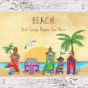 Beach Best Escape Coastal Decor,Beach Framed/Unframed Art Print,Boho Style Art,Nautical Watercolor,Tropical Wall Art, Beach Huts, Note Cards