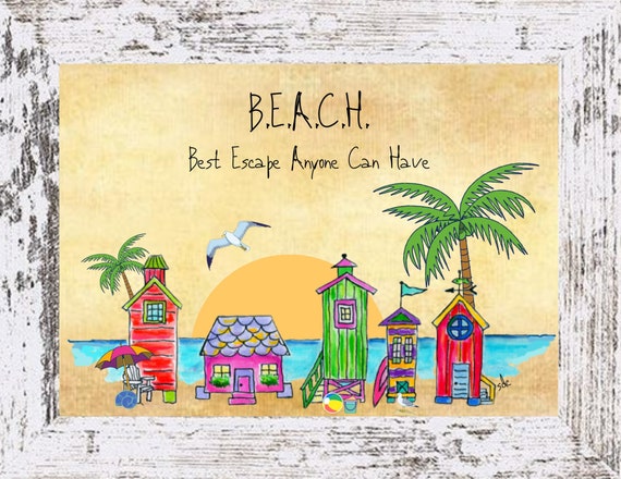 Beach Best Escape Coastal Decor,Beach Framed Art Print,Boho Style Art,Nautical Watercolor,Tropical Wall Art, Beach Huts, Note Cards